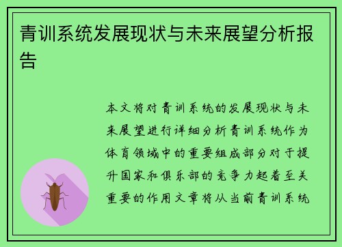 青训系统发展现状与未来展望分析报告 青训系统发展现状与未来展望分析报告