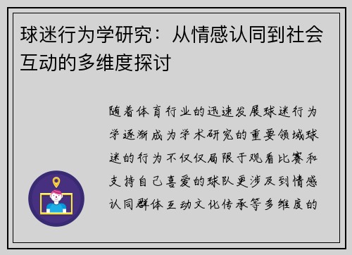 球迷行为学研究：从情感认同到社会互动的多维度探讨