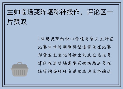 主帅临场变阵堪称神操作，评论区一片赞叹