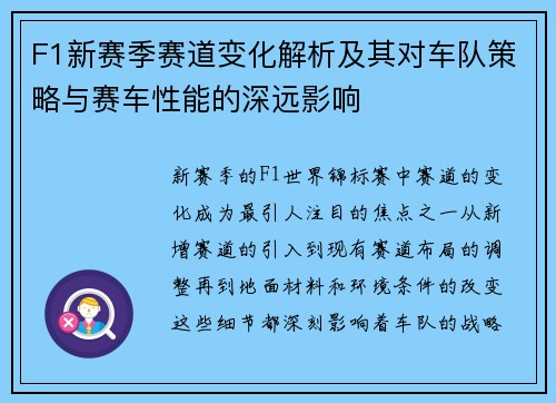 F1新赛季赛道变化解析及其对车队策略与赛车性能的深远影响 F1新赛季赛道变化解析及其对车队策略与赛车性能的深远影响